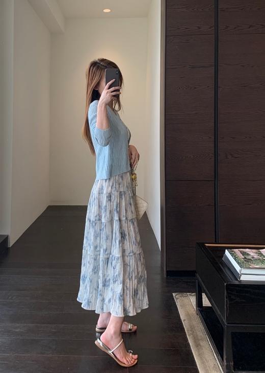 夏日浪漫印花裙飘逸大裙摆褶皱高腰显瘦半裙 商品图4