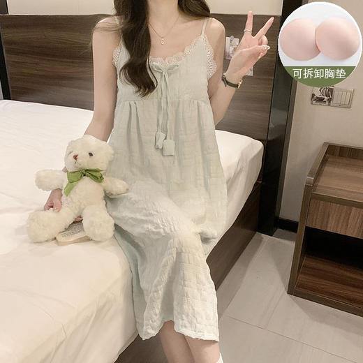 【夏季薄款吊带睡裙】V领蕾丝花边云朵棉纯色少女甜美睡裙中长款家居裙。ry 商品图1