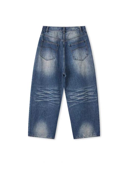 EviStub/E-5XCK492/意产14OZ水洗竹节压褶手工猫须阔腿弯刀剪裁牛仔裤 商品图0