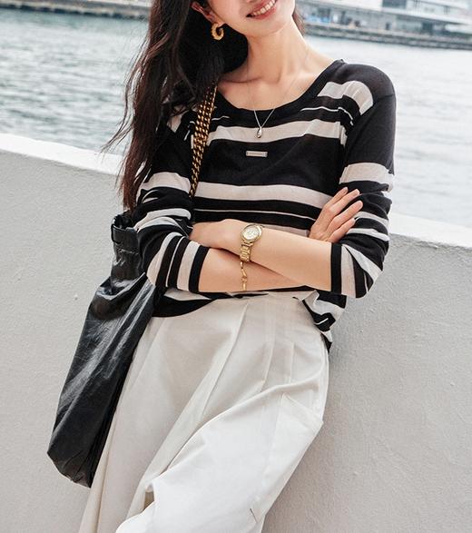 美洋黑白乐谱针织衫68支兰精天丝条纹防晒罩衫 商品图1