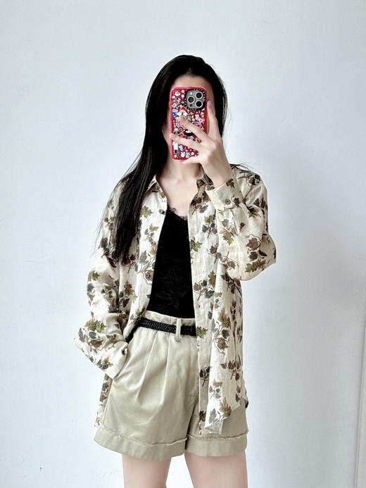 复古文艺印花亚麻衬衫 商品图0