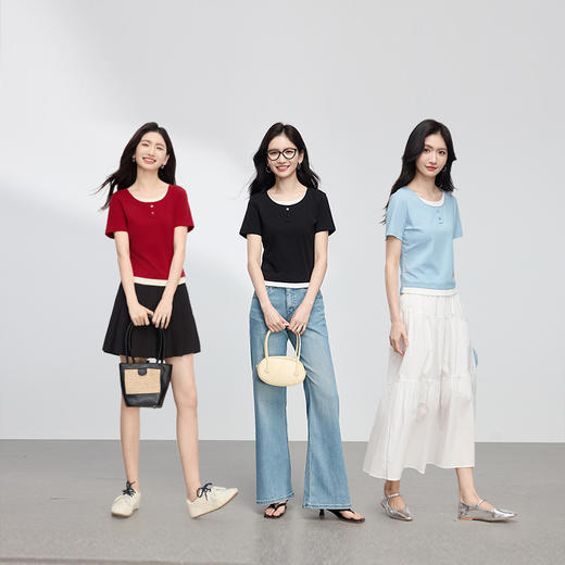 【周四狂欢价】熙世界假两件圆领短袖T恤女2025春夏新款设计感显瘦棉质正肩上衣 商品图3