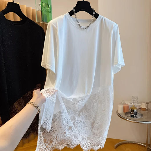 雀说夏季小众设计感网纱蕾丝拼接短袖女中长款T恤宽松外穿上衣AL 商品图2
