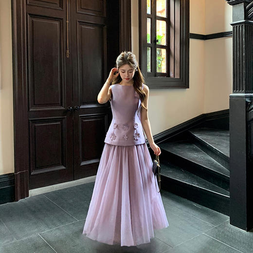 西遇拼接网纱连衣裙女夏季新款立体花朵收腰圆领无袖仙女裙SS050834 商品图2