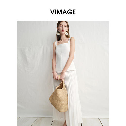 VIMAGE纬漫纪南法温柔拼接压褶裙摆白色吊带连衣裙2025夏季新款V2307917 商品图5
