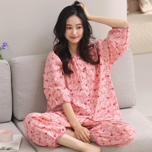韩版睡衣女两件套装夏季带胸垫七分袖薄款甜美家居服宽松大码 商品图7