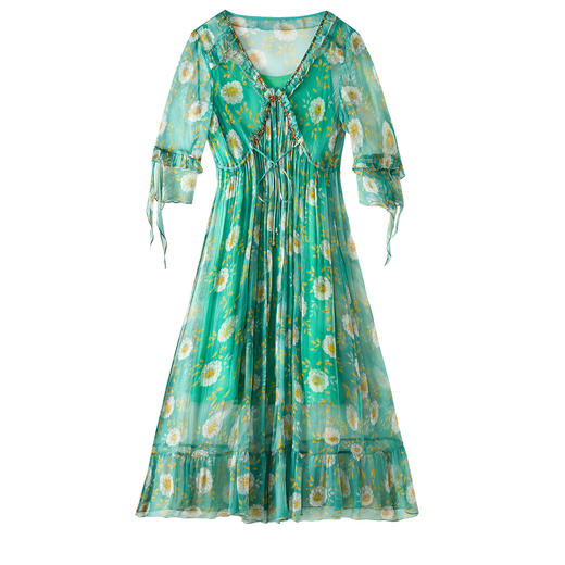 WWM-69380真丝连衣裙气质优雅桑蚕丝绿色两件套沙滩海边度假长裙 商品图4