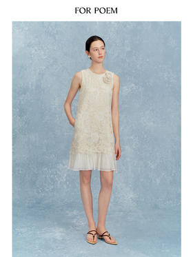 ForPoem 现货 25/SS原创设计无袖钩花拼接肌理下摆短款连衣裙