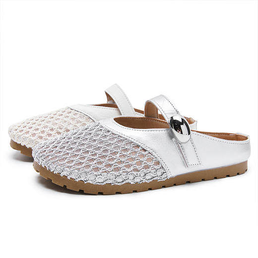 西遇一脚蹬半拖鞋女新款夏季镂空网面包头凉拖银色外穿拖鞋V1256839 商品图4