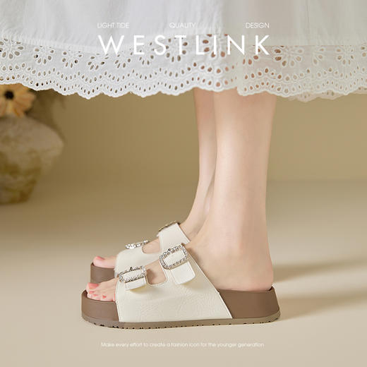 西遇勃肯凉拖鞋女夏外穿新款水钻配裙子平底沙滩鞋外穿一字拖V1156772 商品图3