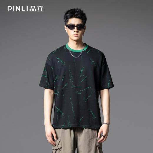 PINLI品立2025夏季新款潮流破洞短袖圆领T恤男士宽松休闲撞色上衣B252111084 商品图0
