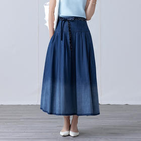 【林栖设计小店】【现货】牛仔棉半身裙配蓝印花布腰带百搭渐变色2025夏季新品裙子1952108B（配送可拆卸腰带）