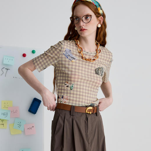 谜底T恤短袖女2025夏季新品复古风日常紧身X型薄款上衣252MT0679 商品图1