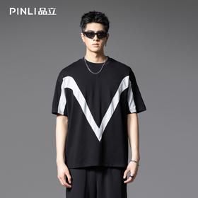 PINLI品立2025夏季新款黑白撞色拼接T恤设计感宽松休闲男短袖上衣B252111083