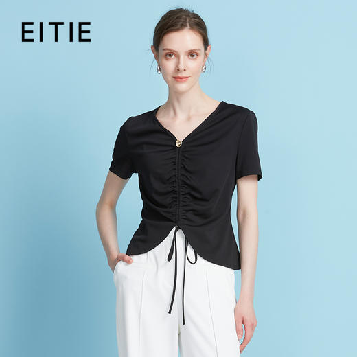 EITIE爱特爱夏季新款时尚显瘦V领抽绳褶皱露脐T恤上衣7802523 商品图0