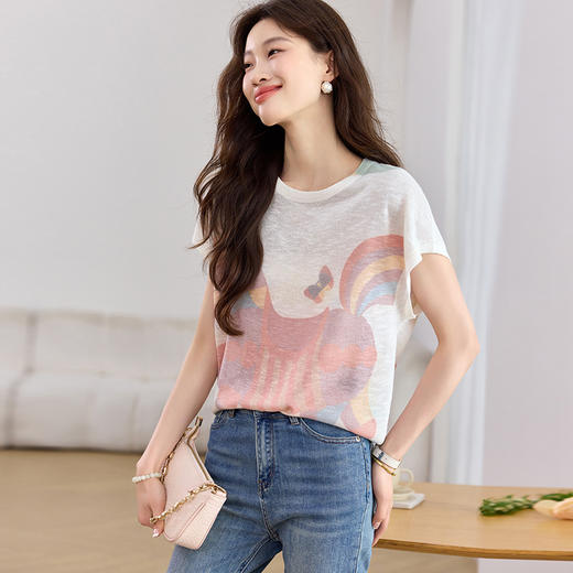 女遮肚子显瘦圆领休闲印花冰丝针织衫CC2767 商品图3