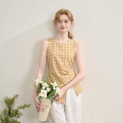 【奶油多巴胺】复古蓝黄格纹衬衫女夏季不规则设计感衬衣V0050802 商品图2
