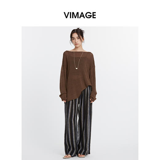 VIMAGE纬漫纪复古老钱风垂坠百搭宽松时尚条纹阔腿裤2025夏季新款V2305943 商品图1
