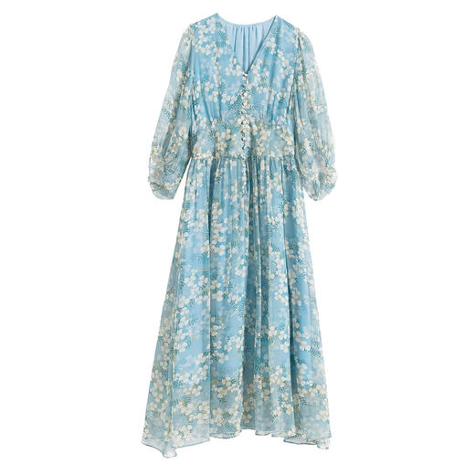 WWM-46535春夏新款女真碎花裙子桑蚕丝印花长裙短袖海边氛围连衣裙 商品图4