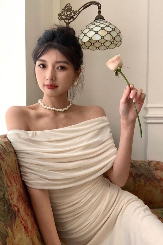 ELLA JADE 米色气质优雅一字肩连衣裙 20219 商品图4