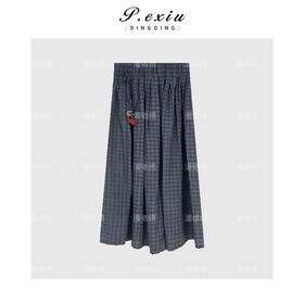 04-3潘依绣丁丁宠粉亚麻韩系撞色格子松紧腰半身裙 Q10921