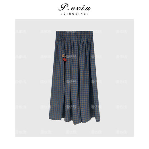04-3潘依绣丁丁宠粉亚麻韩系撞色格子松紧腰半身裙 Q10921 商品图0