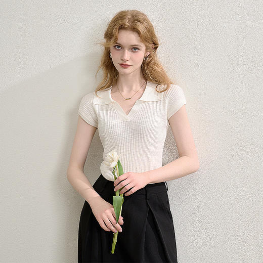 西遇薄款无袖针织衫女夏季新款显瘦翻领小飞袖短款T恤上衣K0050997 商品图2