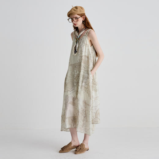 谜底连衣裙无袖女2025夏新品复古风度假真丝宽松A型长裙252GL0675 商品图1