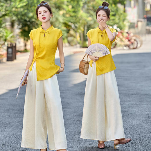 新中式国风套装裤夏装洋气优雅改良立领提花上衣+阔腿裤两件套HR-AQHUI66682 商品图1