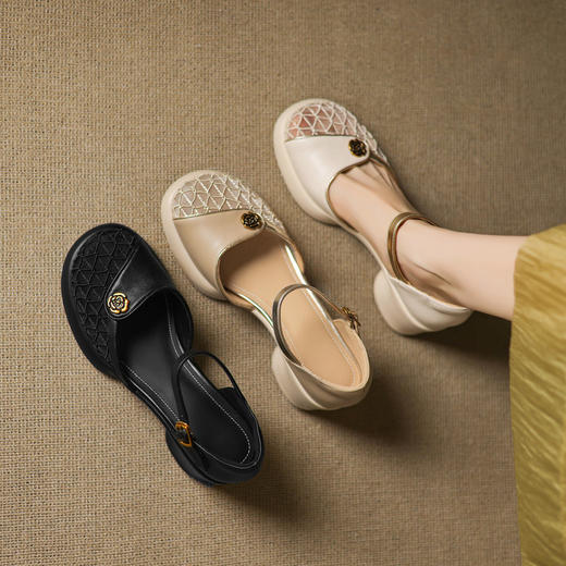 【预售5天】轻软舒适！仙女风透气网纱粗跟包头凉鞋女新款真皮百搭厚底高跟鞋ZYY&A1228 商品图3