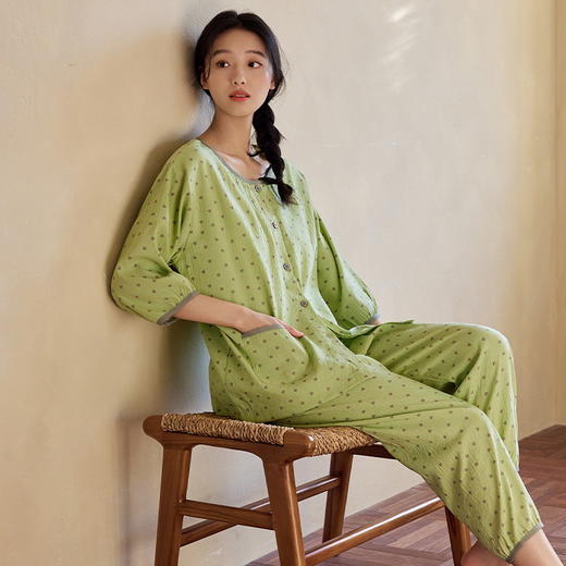 韩版睡衣女两件套装夏季带胸垫七分袖薄款甜美家居服宽松大码 商品图5
