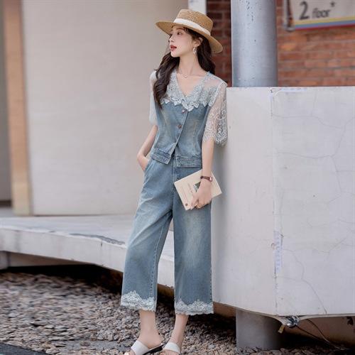 2025夏季新款牛仔蕾丝拼接两件套温柔淑休闲套装HR-YLFS8992 商品图2