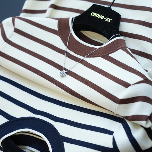 经典条纹！2025新款100棉亲肤超细棉圆领短袖T恤女上衣25春夏新款女！ 商品图1