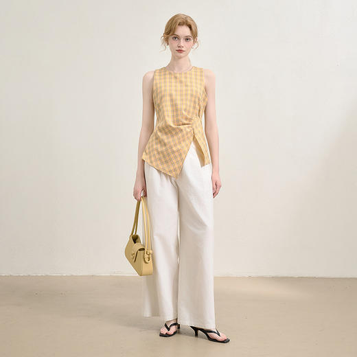 【奶油多巴胺】复古蓝黄格纹衬衫女夏季不规则设计感衬衣V0050802 商品图1