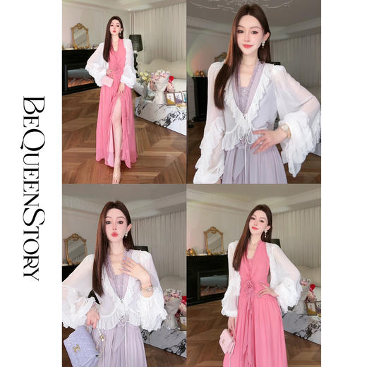 【孤品样衣，不退不换】【白茶清风】时尚轻薄舒适手工缝珠短款喇叭袖荷叶边开衫上衣 商品图0