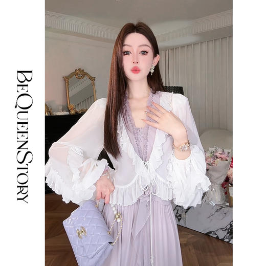 【孤品样衣，不退不换】【白茶清风】时尚轻薄舒适手工缝珠短款喇叭袖荷叶边开衫上衣 商品图4