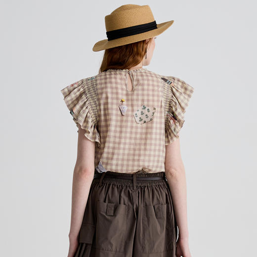 谜底衬衫荷叶袖女2025夏新品复古风通勤合身H型中长上衣252MS0627 商品图2