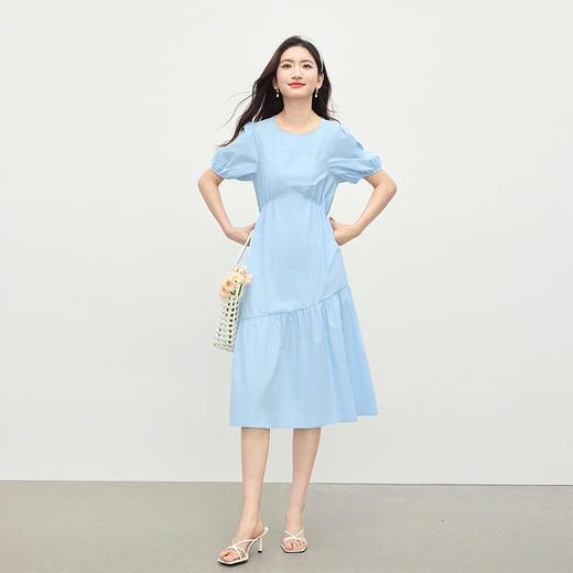 【周四狂欢价】熙世界法式褶皱泡泡袖连衣裙女2025夏天新款收腰显瘦圆领茶歇裙子 商品图2