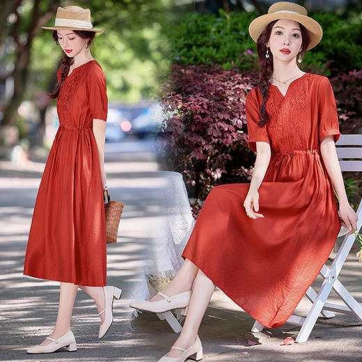 高级感刺绣V领天丝棉麻连衣裙MY2597 商品图3