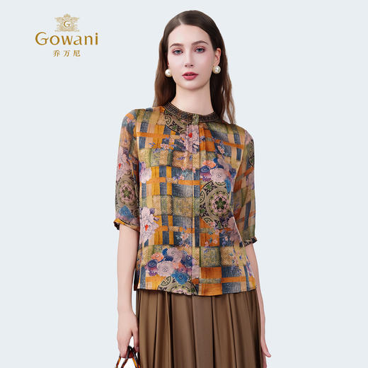 乔万尼新品2025撞色印花真丝小盆领上衣衬衫ED2C425 商品图1