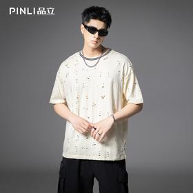 PINLI品立2025夏季新款潮流破洞短袖圆领T恤男士宽松休闲半袖上衣B252111067