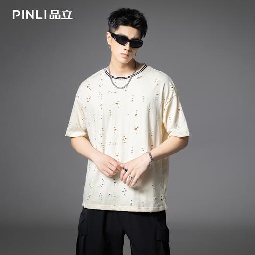 PINLI品立2025夏季新款潮流破洞短袖圆领T恤男士宽松休闲半袖上衣B252111067 商品图0