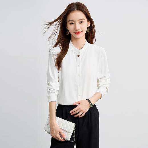 罗蒙春夏长袖衬衫女士时髦休闲圆领衬衣女通勤百搭白衬衣上衣 商品图8