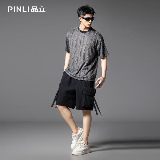 PINLI品立2025夏季新款潮牌裂纹提花短袖T恤设计感宽松休闲男体恤B252111068 商品图1