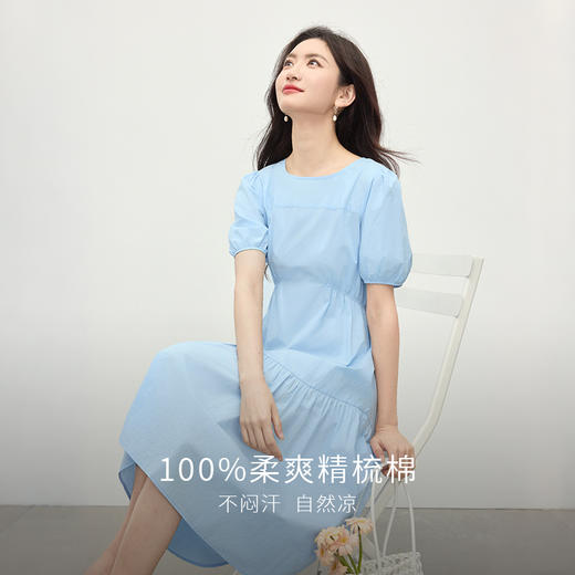 【周四狂欢价】熙世界法式褶皱泡泡袖连衣裙女2025夏天新款收腰显瘦圆领茶歇裙子 商品图4