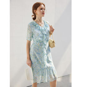 短袖真丝连衣裙女2025春夏新款法式印花收腰年轻款桑蚕丝裙子