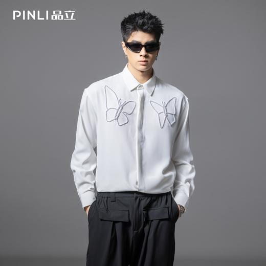 PINLI品立2025夏季新款蝴蝶钉珠长袖衬衫男潮牌宽松休闲衬衣上衣GD252113377 商品图3