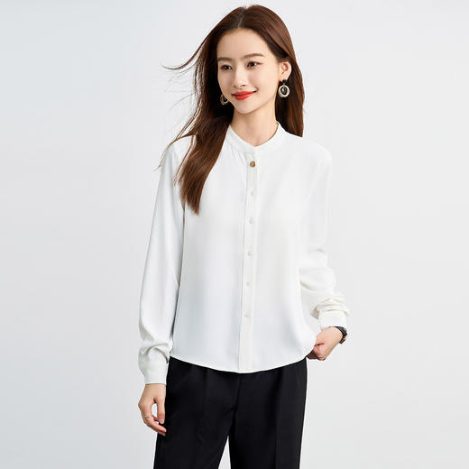 罗蒙春夏长袖衬衫女士时髦休闲圆领衬衣女通勤百搭白衬衣上衣 商品图5