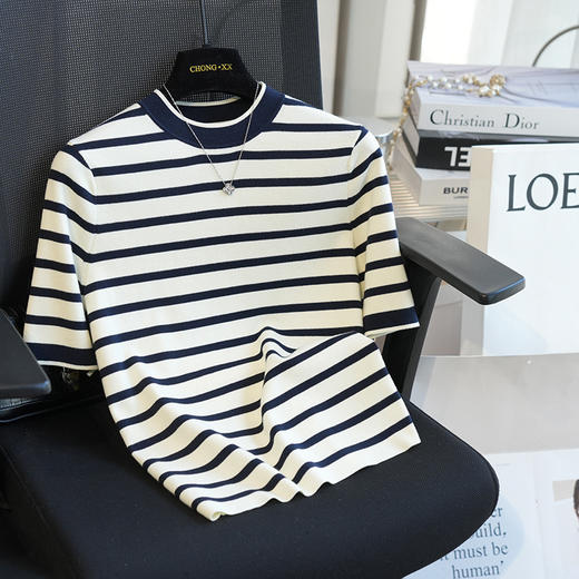 经典条纹！2025新款100棉亲肤超细棉圆领短袖T恤女上衣25春夏新款女！ 商品图5