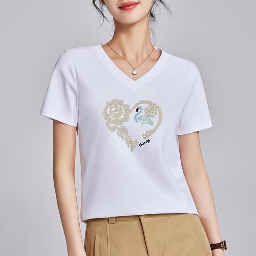 「自」全新升级【铂金会员109/天猫139/差价30】(20134)洛诗琳简约时尚丝光棉T恤2025夏季新款气质百搭刺绣V领T恤20134 商品图2